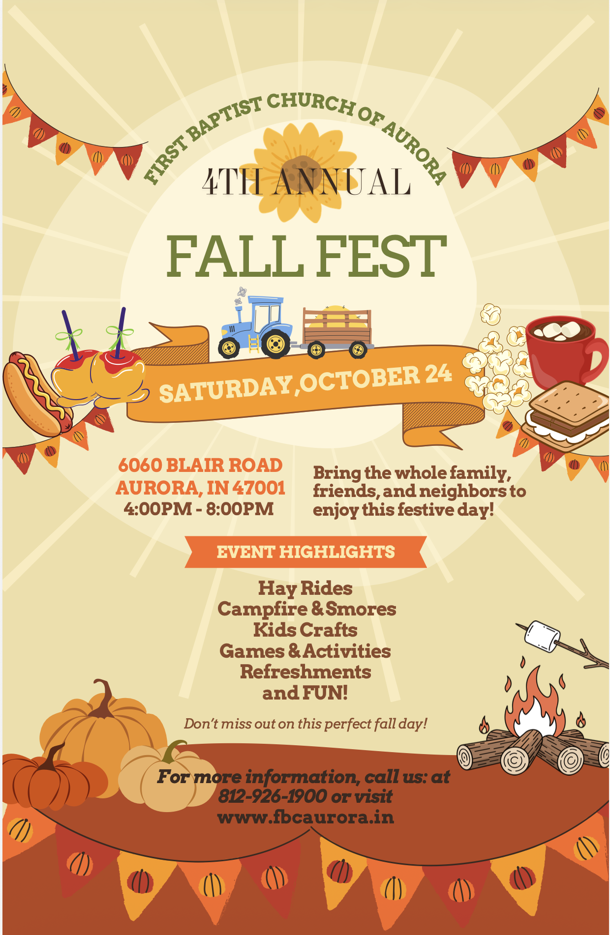 Fall Fest flyer with autumn decorations and event details.