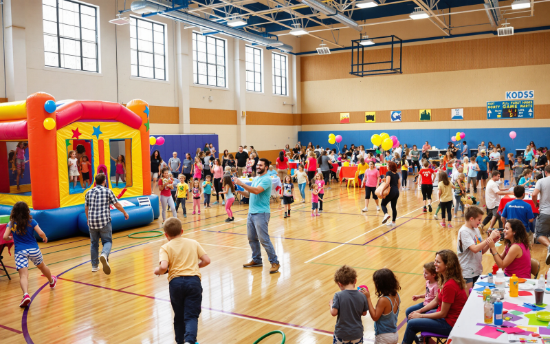 Busy indoor festival with children and adults, colorful bounce house, tables, balloons.