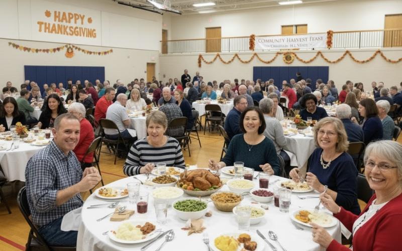 People enjoying a Thanksgiving meal at a community event.