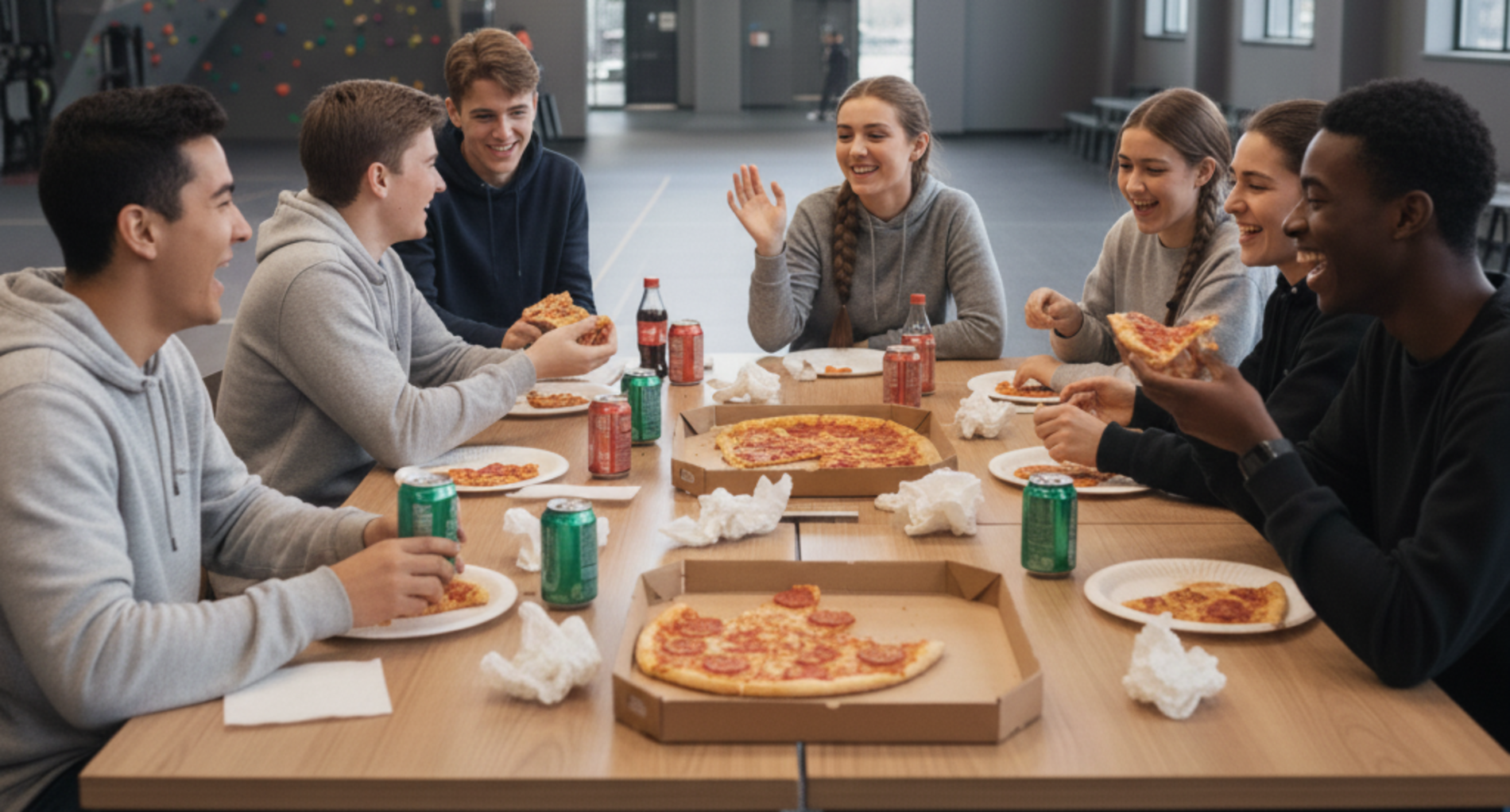 Group of friends smiling and eating pizza at a table indoors.
