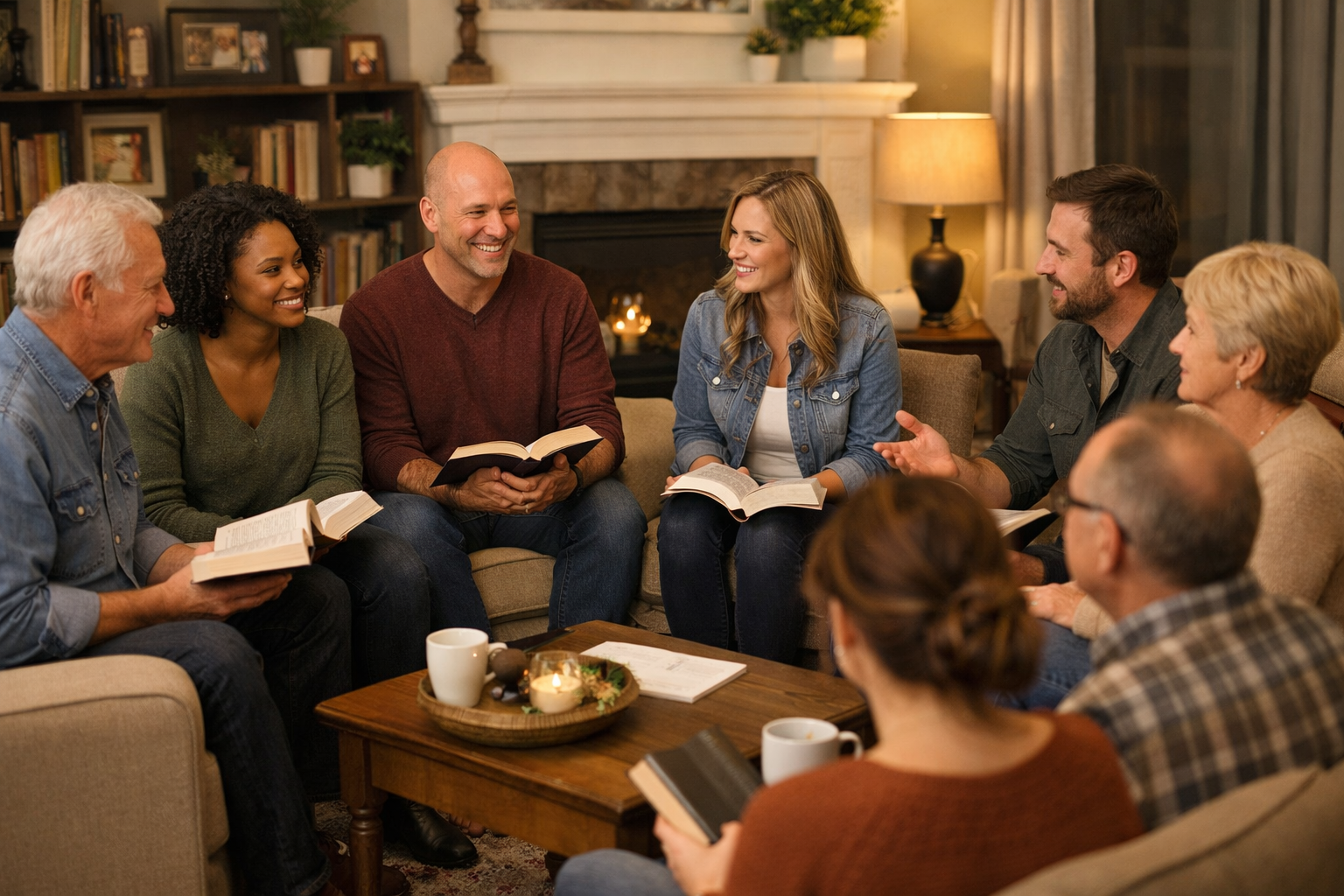 Group of people sitting in a living room, reading and discussing books.