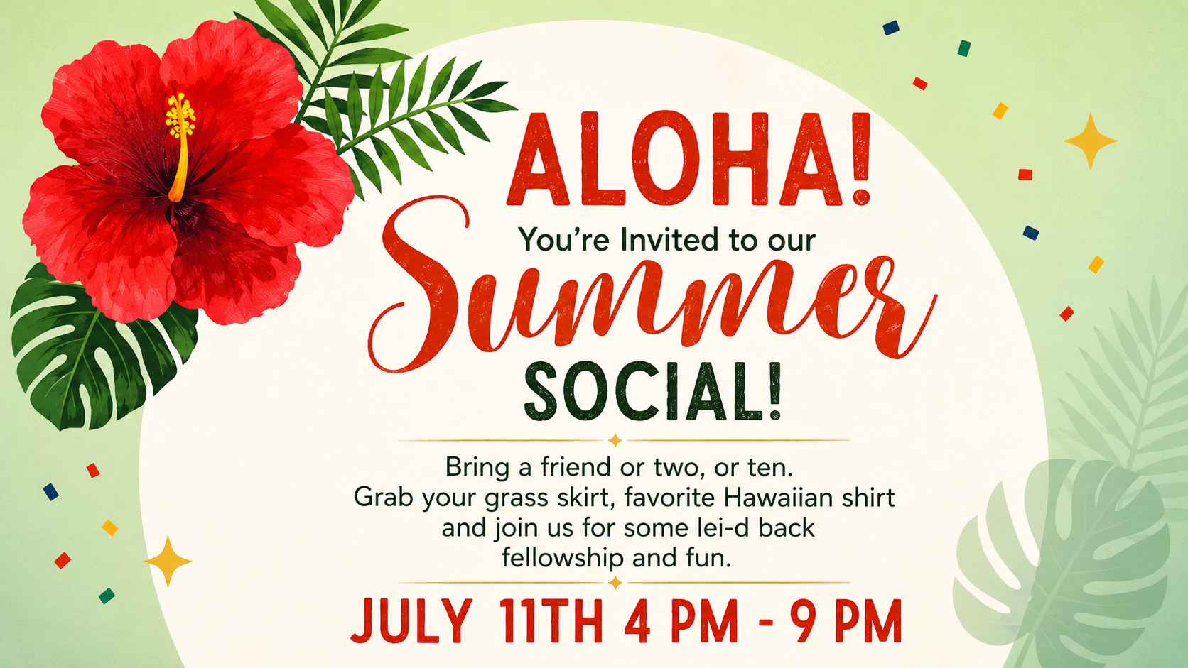 Red hibiscus and green leaves on a summer event invitation graphic.