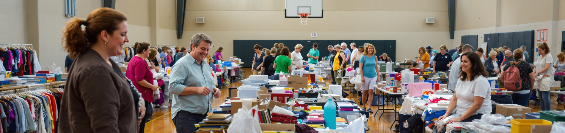 Indoor market in a gym, people browsing tables with clothes and items.
