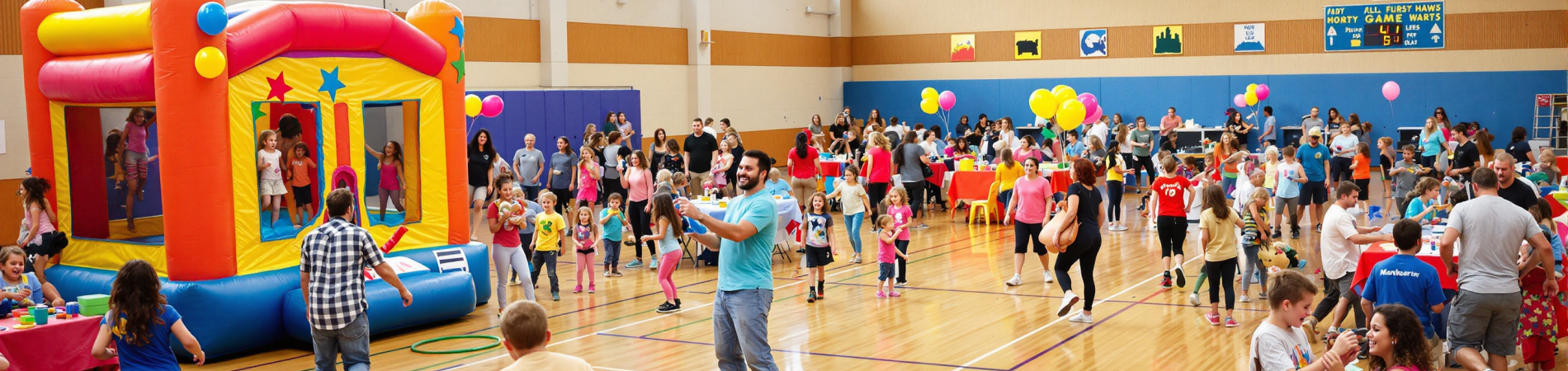 Busy indoor festival with children and adults, colorful bounce house, tables, balloons.