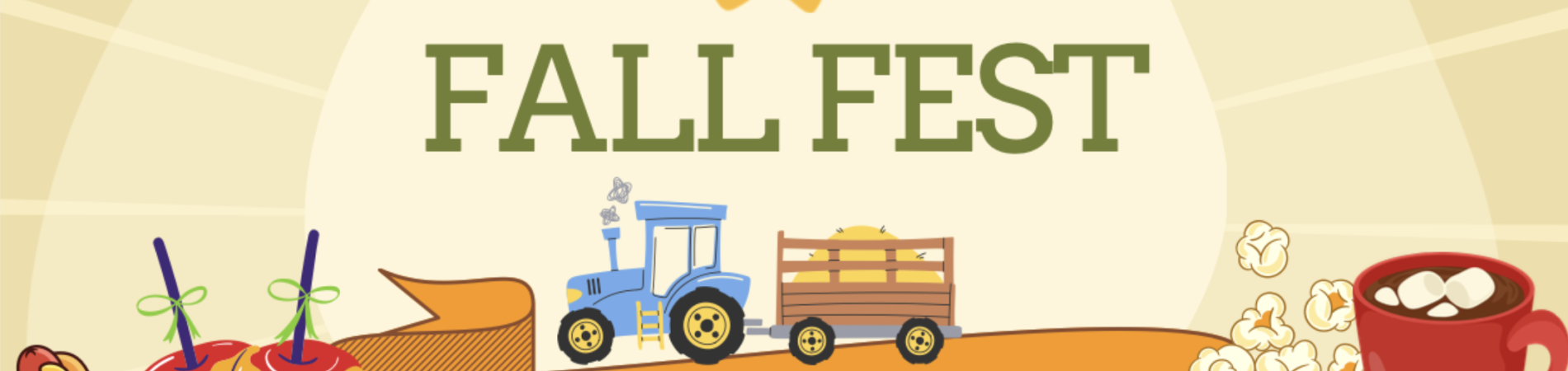 Fall festival banner with food, tractor, and autumn theme.