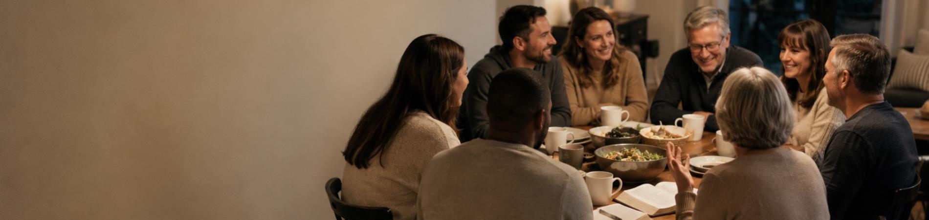 Family gathered around a dining table, sharing a meal and enjoying each other's company.