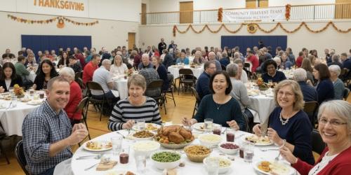 People enjoying a Thanksgiving meal at a community event.