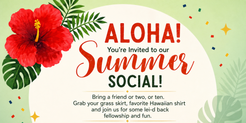 Red hibiscus and green leaves on a summer event invitation graphic.