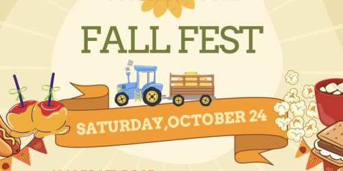 Fall festival banner with food, tractor, and autumn theme.