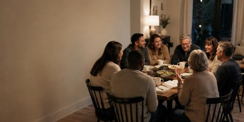 Family gathered around a dining table, sharing a meal and enjoying each other's company.